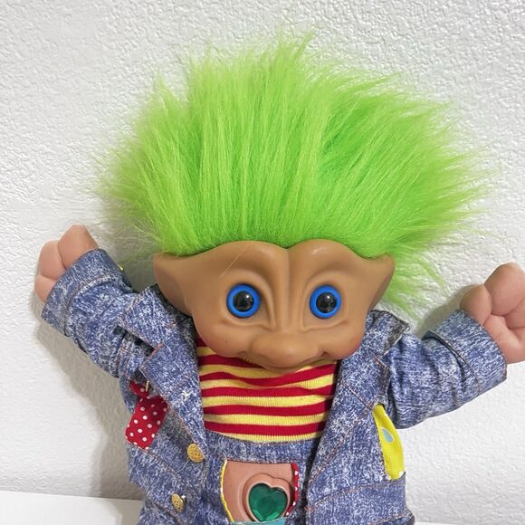 Vintage Ace Novelty Treasure Troll Tot Green Heart Wishstone Large Doll 14" - Picture 2 of 16